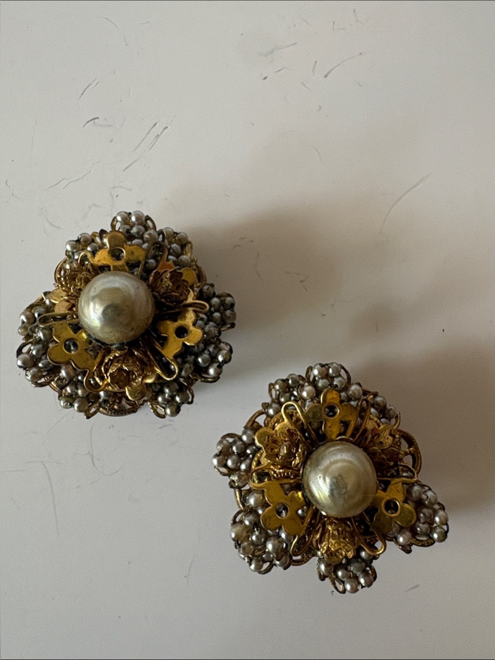 Stanley Hagler NYC Vintage-Inspired Gold and Pearl Flower Clip-On Earrings